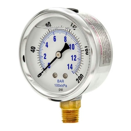 Engineered Specialty Products, Inc Pic Gauges 2-1/2" Vacuum Gauge, Liquid Filled, 200 PSI, Stainless Case, Lower Mount, PRO-201L-254G PRO-201L-254G
